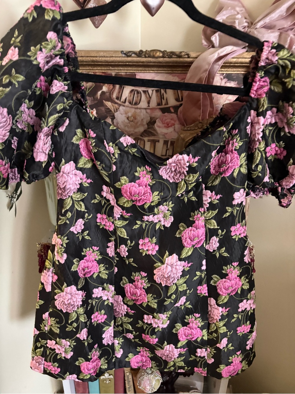 Lulu's Black Mini Dress with Pink Rose Embroidered Floral